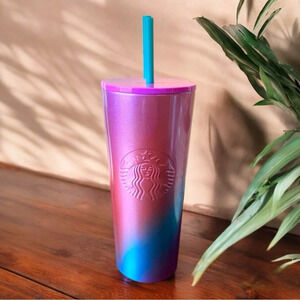 STARBUCKS 24oz Purple Pink Turquoise Ombré Metal 2022 Tumbler w/ Straw